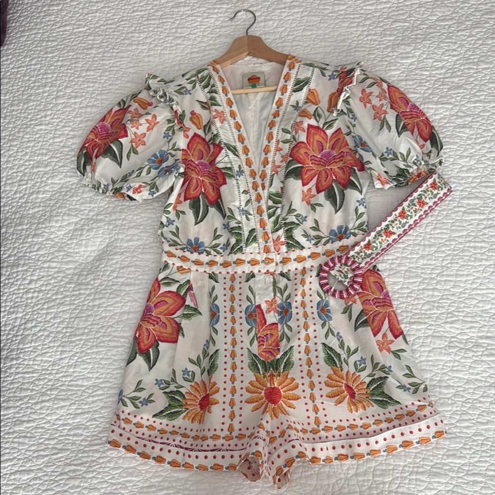 FARM Rio Floral Embroidered Romper - White, Pink, Orange, Green